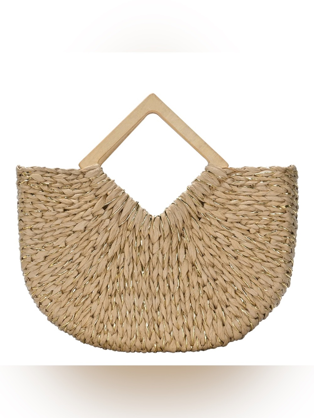 Woven Straw Tote with Wooden Handle - Natural